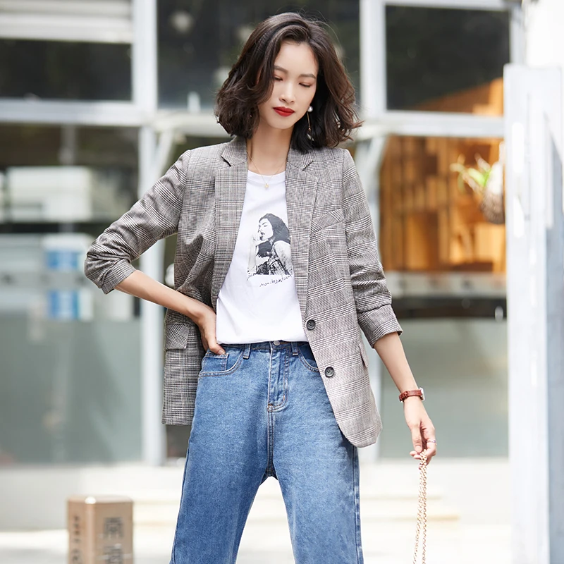 

Spring Fall Fashion Casual Women Blazer and Jackets Grey Office Ladies Outerwear Clothes Long Sleeve