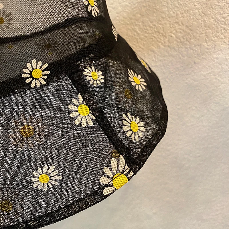 Women Daisies Embroidered Buckets Hat Transparent Lace Flower Beach Hats Daisy Sun Cap Summer