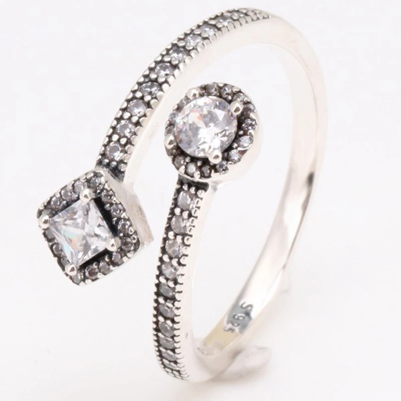 

Original 925 Sterling Silver Pan Ring Glittering Square And Round Ring For Women Wedding Party Gift Fashion Jewelry