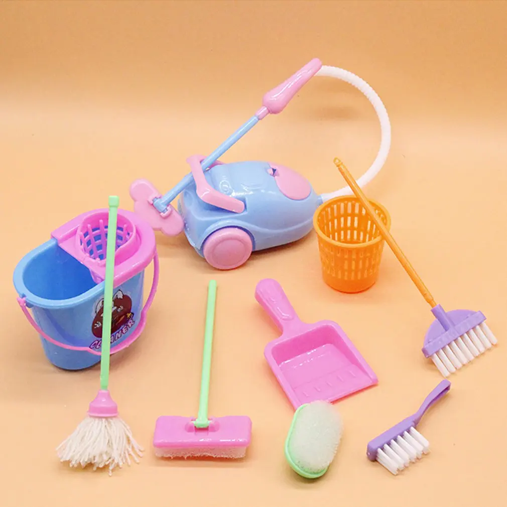 Miniature Mop Dustpan Bucket Brush Housework Cleaning Tools Set Dollhouse Garden Accessories for Barbie Dolls