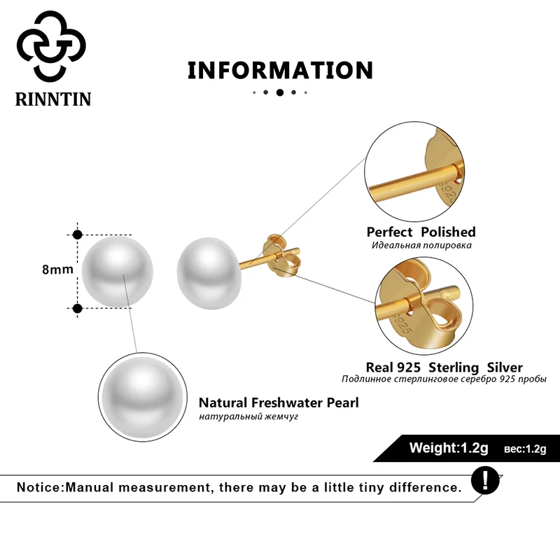 

Rinntin 925 Sterling Silver Stud Earrings for Women Natural Freshwater Pearl Simple Design Gold-color Earring Jewelry TSE86
