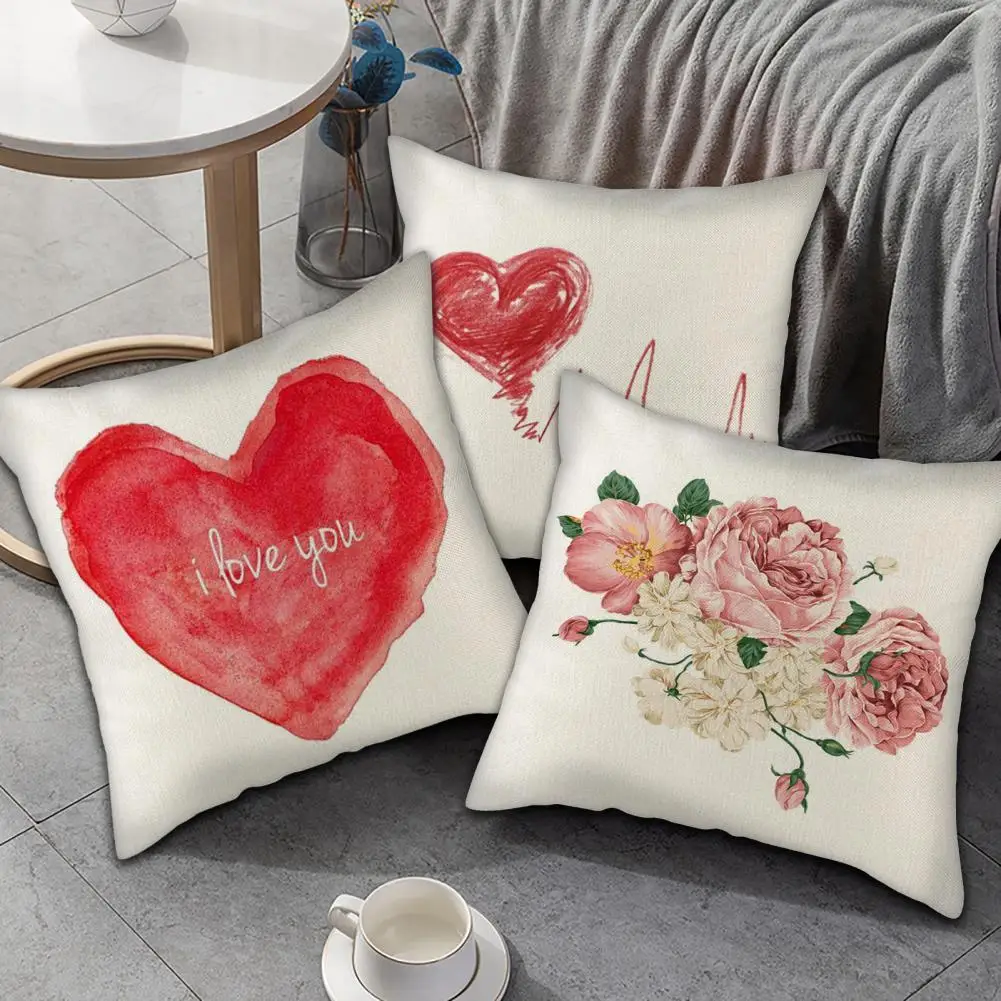 

Cushion Cover Breathable Dust-proof Flax Heart Shape Decorative Printed Throw Pillow Case Home Supplies