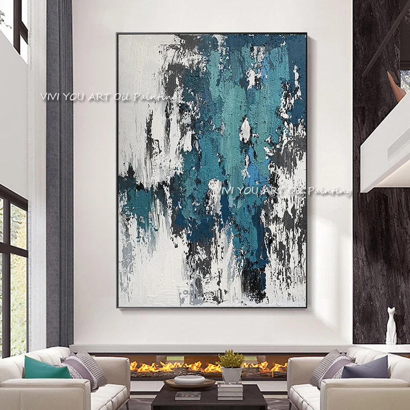 

The Best Hand-painted Blue White Original Abstract Modern Thick Oil Painting Canvas Textured Wall Green Art for Coffee Cafe