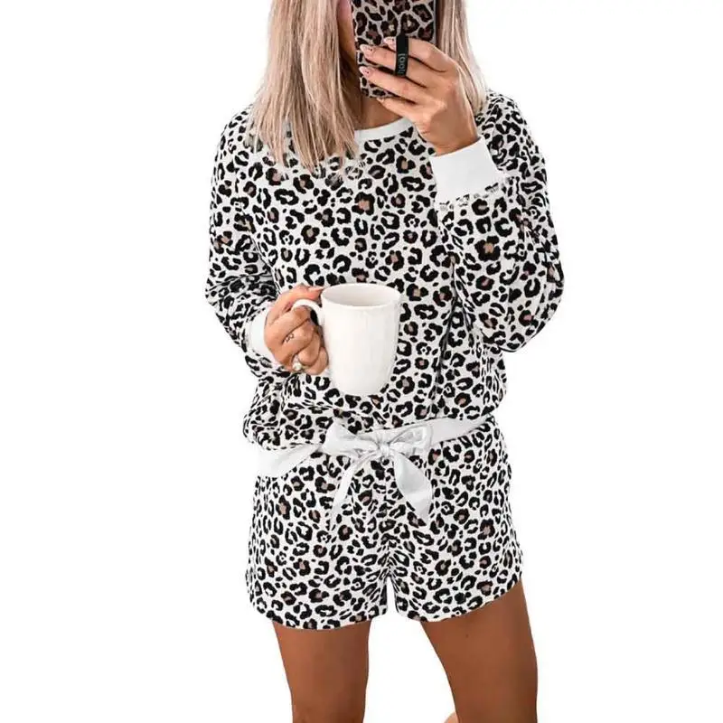 

Sleepwear Long Sleeve Nightwear Crew Neck Tops Shorts Holiday Women Pajama Set Fashion Leopard Print Autumn Winter Home Gift