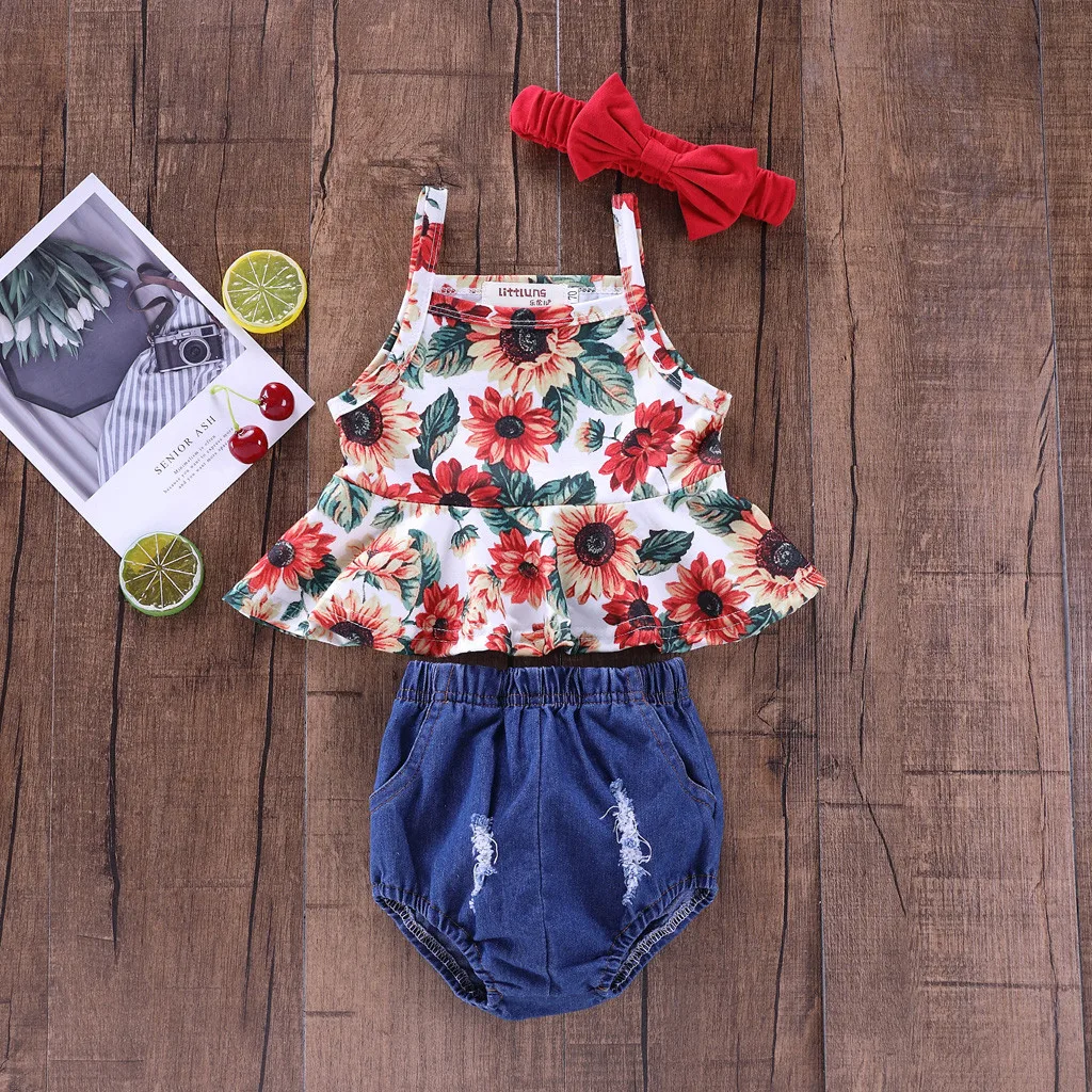 Комплект одежды для маленьких девочек из 3 предметов майка с подсолнухами и