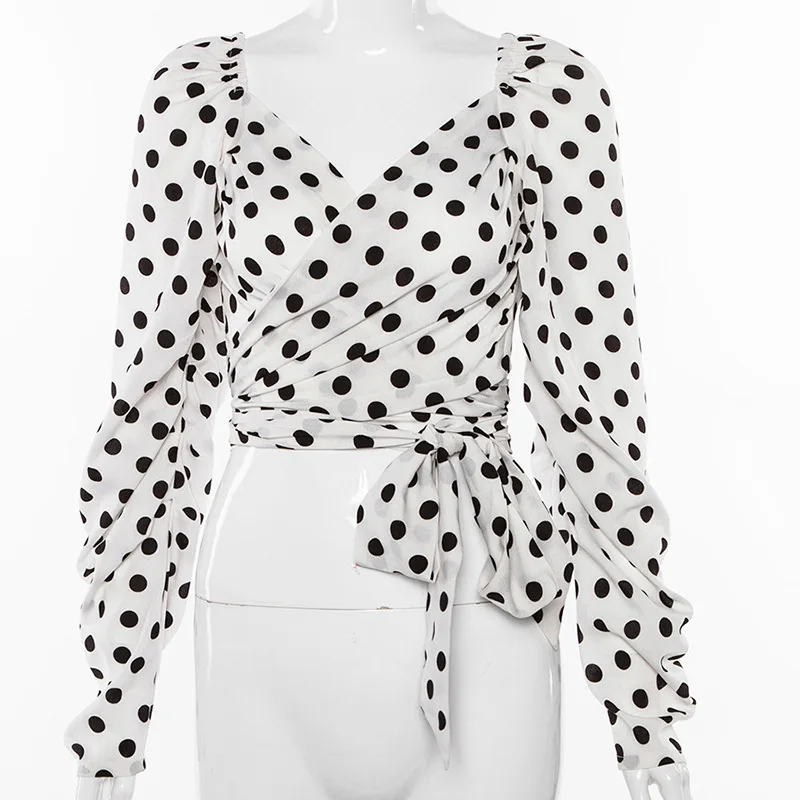 

Retro Polka Dot Blouse Woman 2021 Long Sleeve V Neck Short Shirts Lady Vintage Lace Up V Neck Chic Blouses Shirt High Street