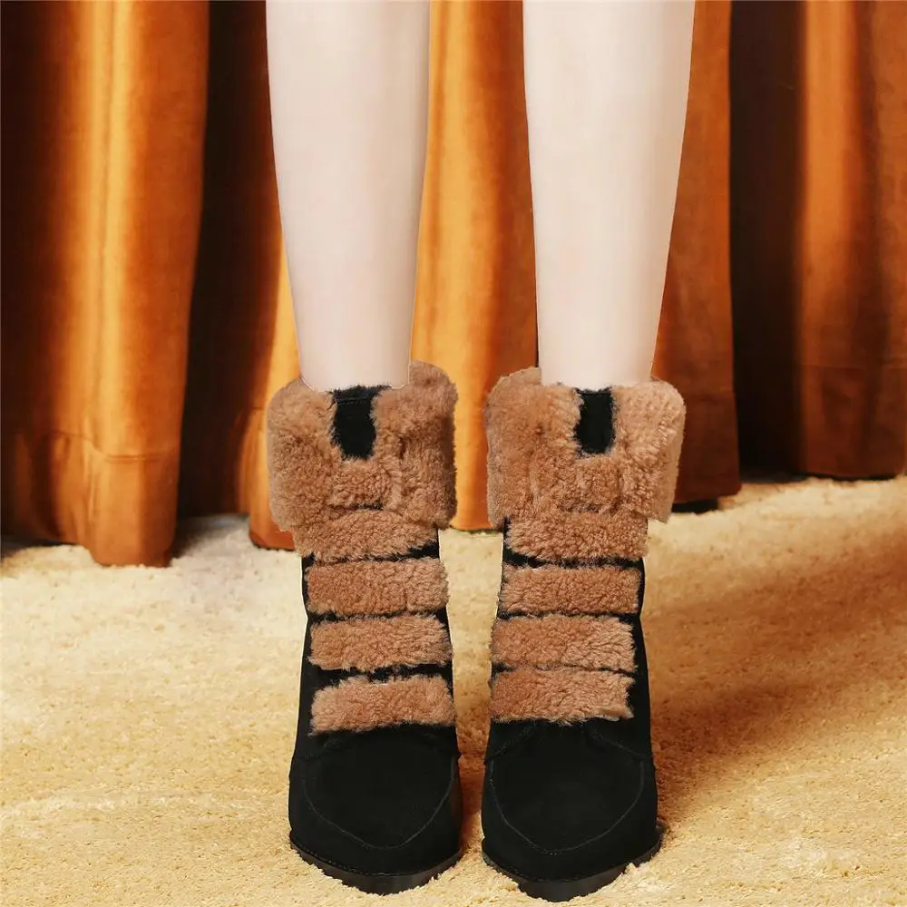

Winter Warm Fur Casual Shoes Women Black Genuine Leather Wedges High Heel Motorcycle Boots Female Round Toe Platform Pumps Shoes