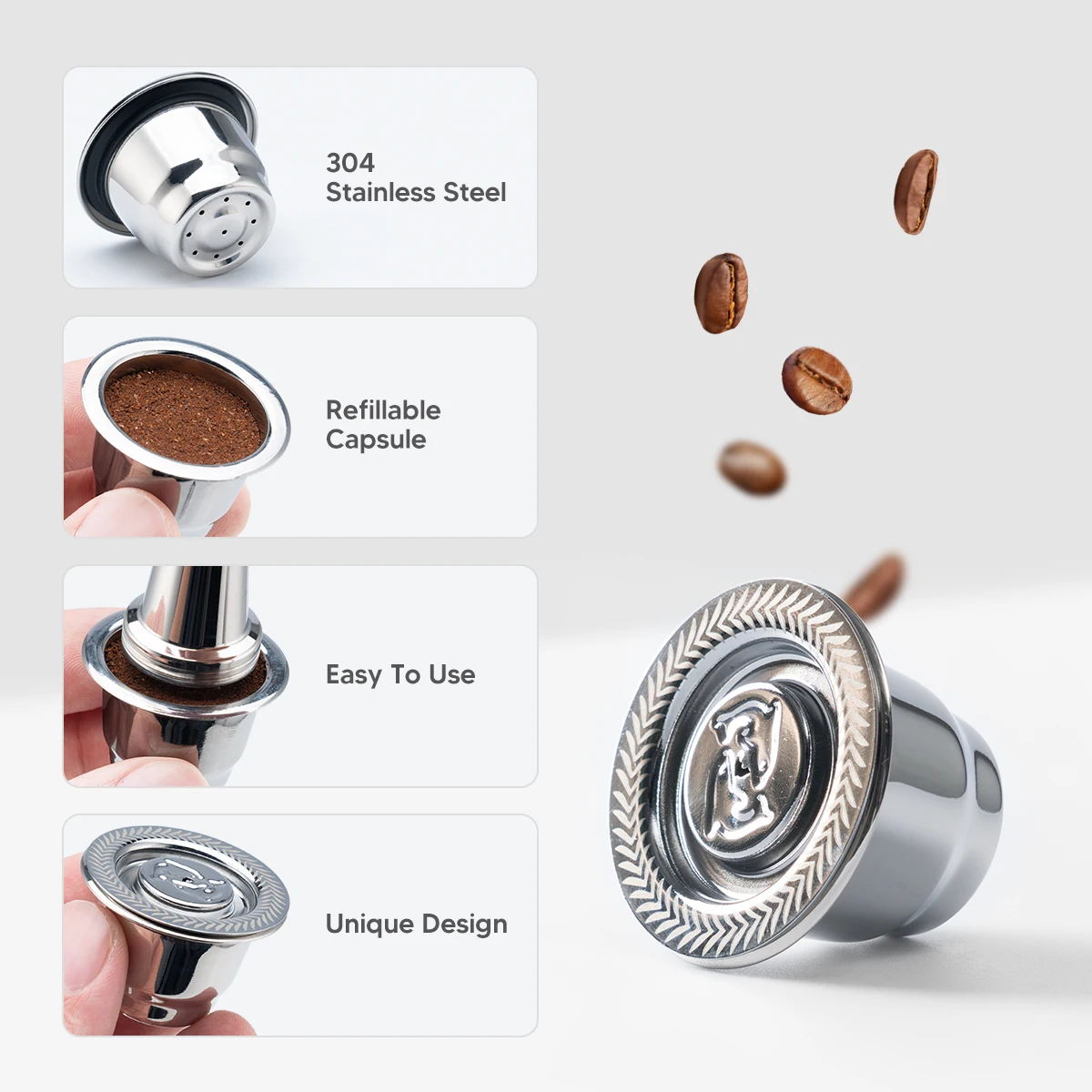 

Reusable 304 Stainless Steel Espresso Coffee Capsule for Nespresso Machines Refillable Coffee Filter Pods with Tamper Spoon