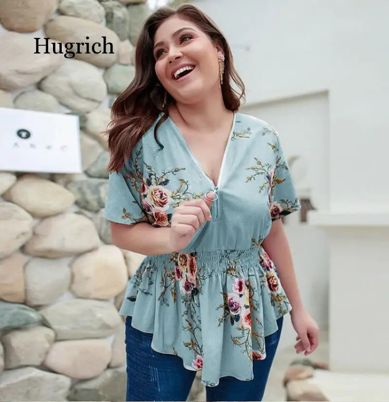 

Women's 2021 Spring / Summer V-Neck Large Size Causal Street Chiffon Half Zipper Shirt Flower Print Top