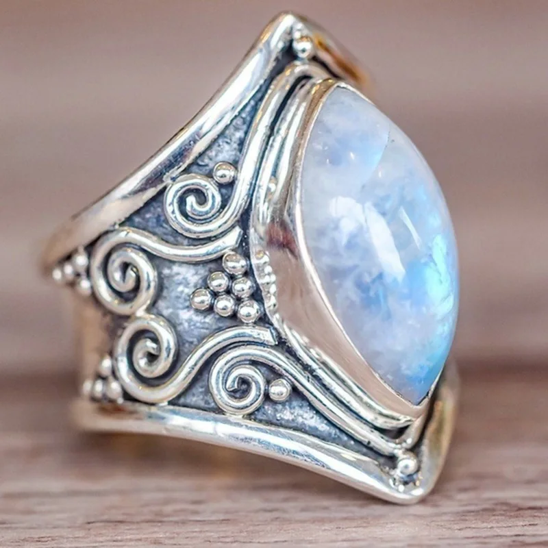 

Natural Moonstone Ring Lady Retro Ancient Silver Color Large Ellipse Gem Ring For Women Party Anniversary Gifts Fine Jewelry