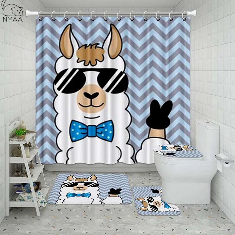 

Vixm Llama Alpaca Bathroom Waterproof Shower Curtain Set Pedestal Rug Lid Carpet Toilet Cover Set Bath Curtain Mat Set