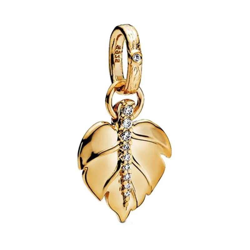 

100% 925 Sterling Silver Charm Gold Glitter With Crystal Leaf Pendant Fit Pandora Women Bracelet & Necklace Diy Jewelry