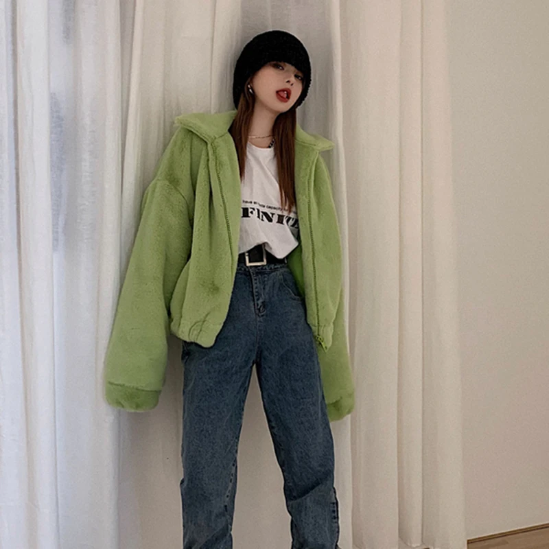 

Lucyever 2020 Green Short Faux Fur Coats Women Stand Collar Winter Thicken Warm Furry Jackets Woman Korean Casual Plush Coat