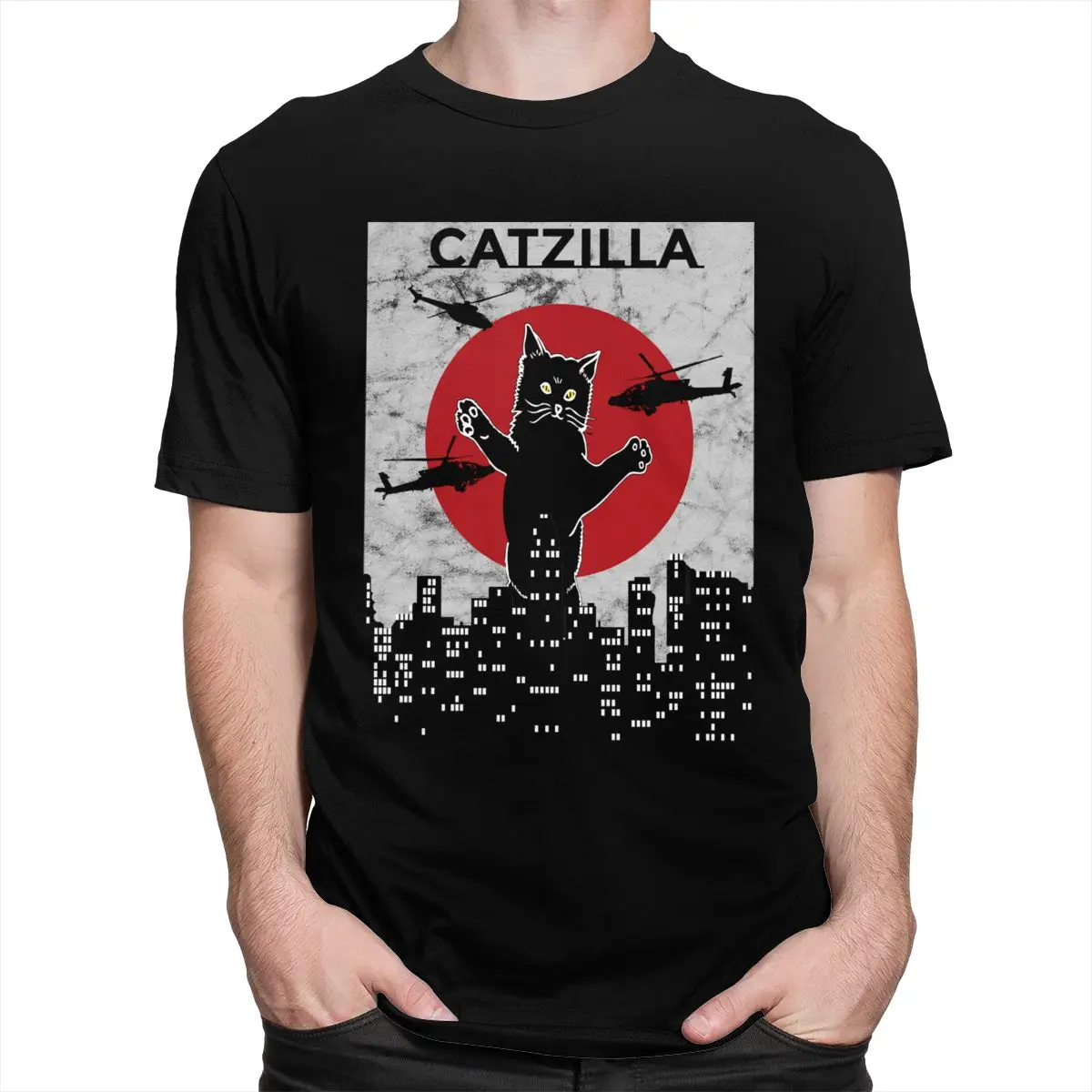 

Novelty Men's Catzilla T-shirt Cat Feline Flaming Cute Monster Tshirt Short Sleeve Pure Cotton Funny Kitten Neko Comic Tee Shirt