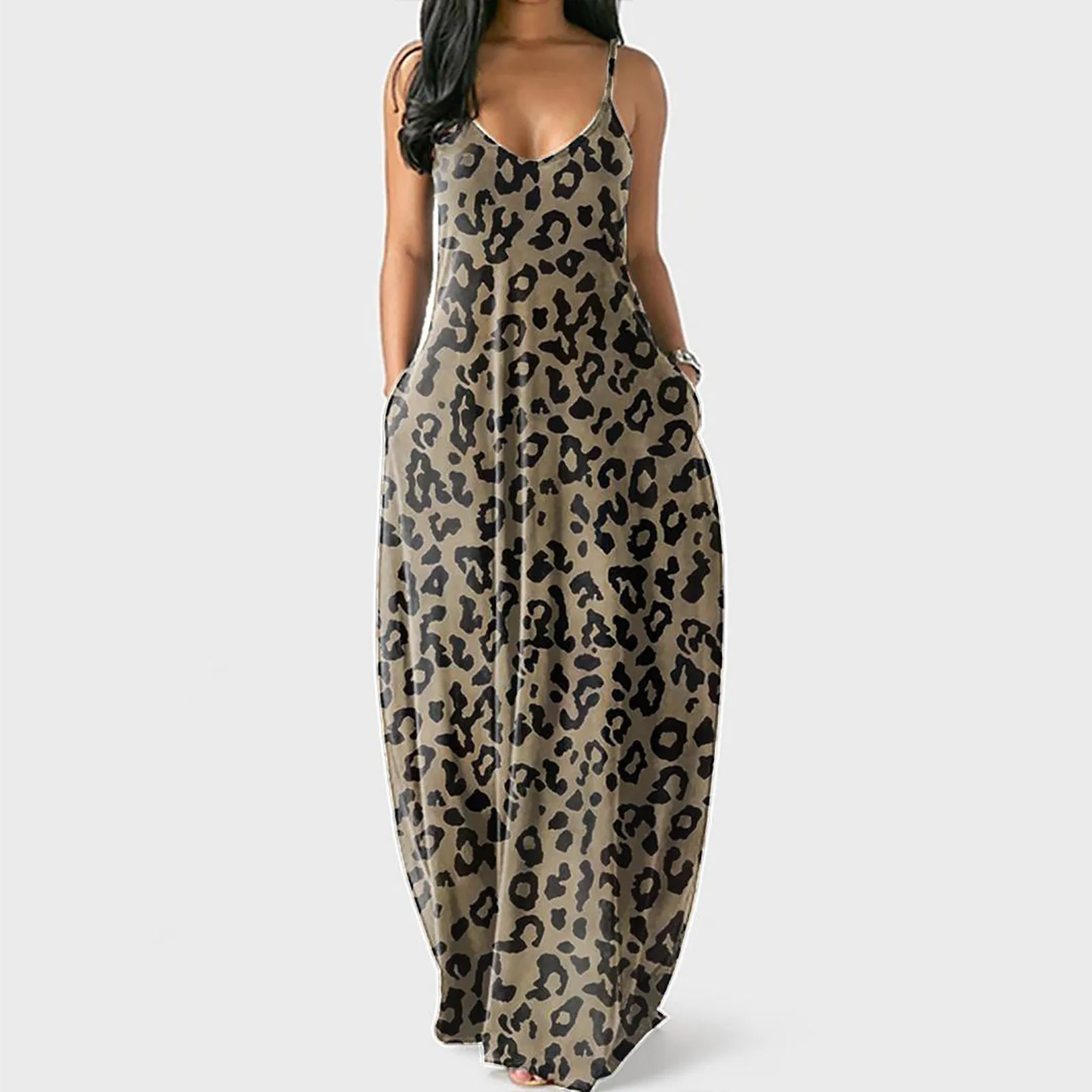 

Spaghetti Strap Long Dress Women Casual Plus Size Butterfly Print O-neck Pockets Sleeveless Maxi Long Dress
