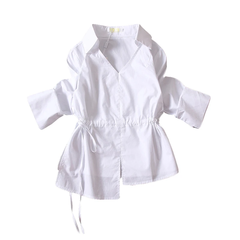 

all match white shirts for women 2020 summer new irregular flare sleeved turn-down collar drawstring solid office lady tops