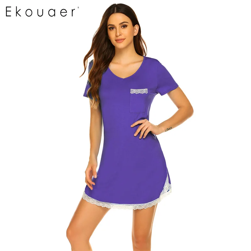 purple Ekouaer, летняя Ночная сорочка, ночная рубашка с круглым вырезом и коротким рукавом, кружевная ночная рубашка, мягкая домашняя одежда для сна, ночная рубашка - Цвет: purple