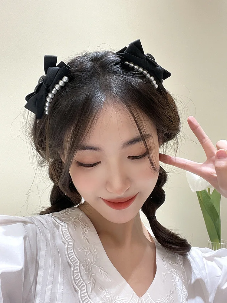 

Korea Pearl Black Bowknot Clip Headdress Hairpin Female Liu Hai Catch Clip Medium Shark Clip Side Clip