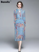 runway floral print vintage dress 2022 women elegant long sleeve hollow out bow tie collar high waist pleated midi vestidos