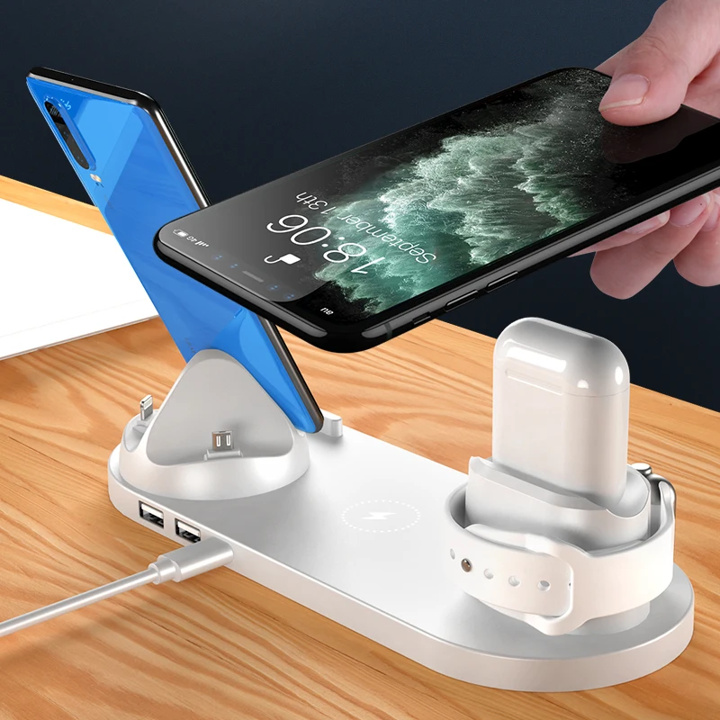 Беспроводное зарядное устройство 6 в 1 QI для IPhone 13 12 pro max Apple iWatch SE 5 4 3 2 AirPods Pro Samsung