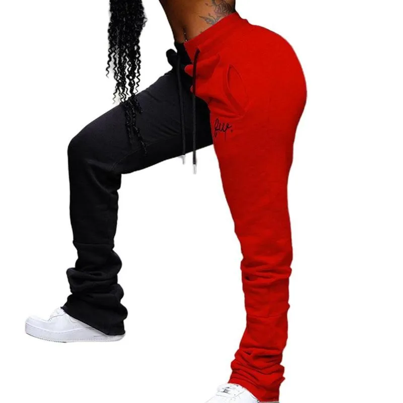 

2 Colors Stacked Pants Women Streetwear Joggers Patchwork Colored Pants Trousers High Casual Waist Pants Embroidery Stacked U1H0