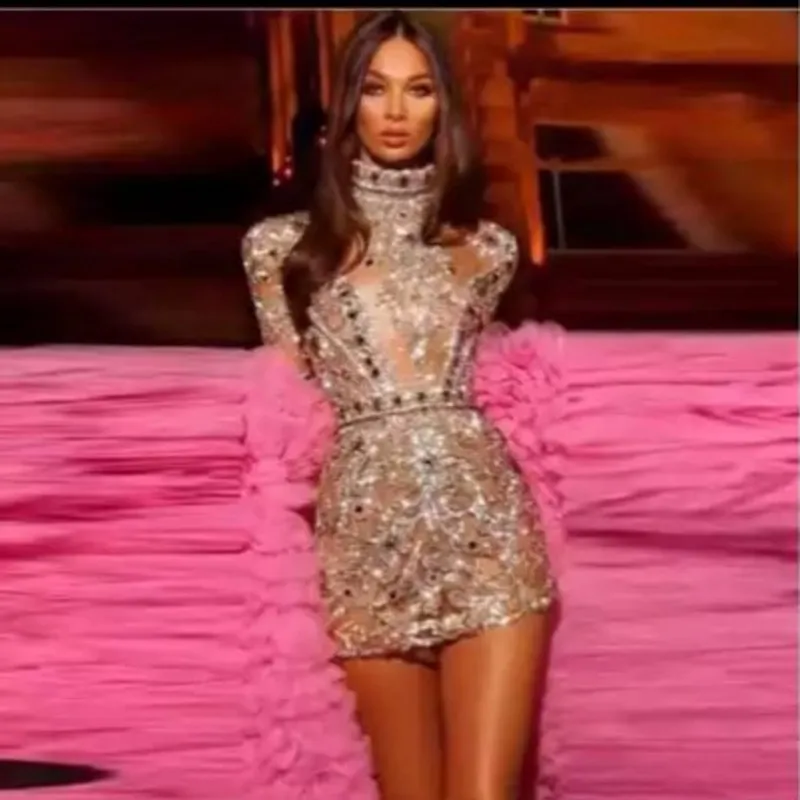 

Chic Prom Gown Classy Party Dress Crystals Full Sleeves Vestido De Curto 2020 Short Mini Prom Gowns Beads Stunning Fashion