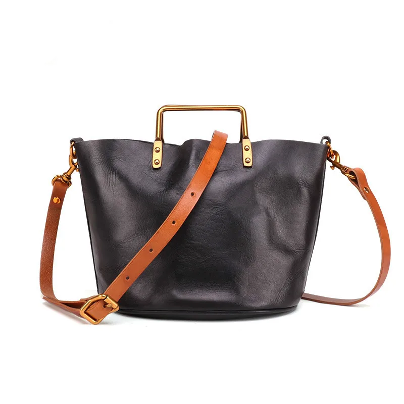 

New High Quality Women Shoulder Bags Genuine Leather Cowhide Female Bags Ladies Temperament Bucket Bag Classic Designer Handbag