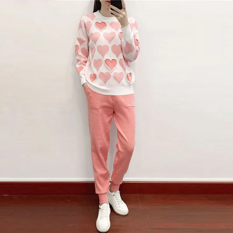 

Fashion Love Printed Knitted Two Peice Suit Women Long Sleeve Sweater Tops Heart-shaped +Casual Elastic Waist Pants Female Korea