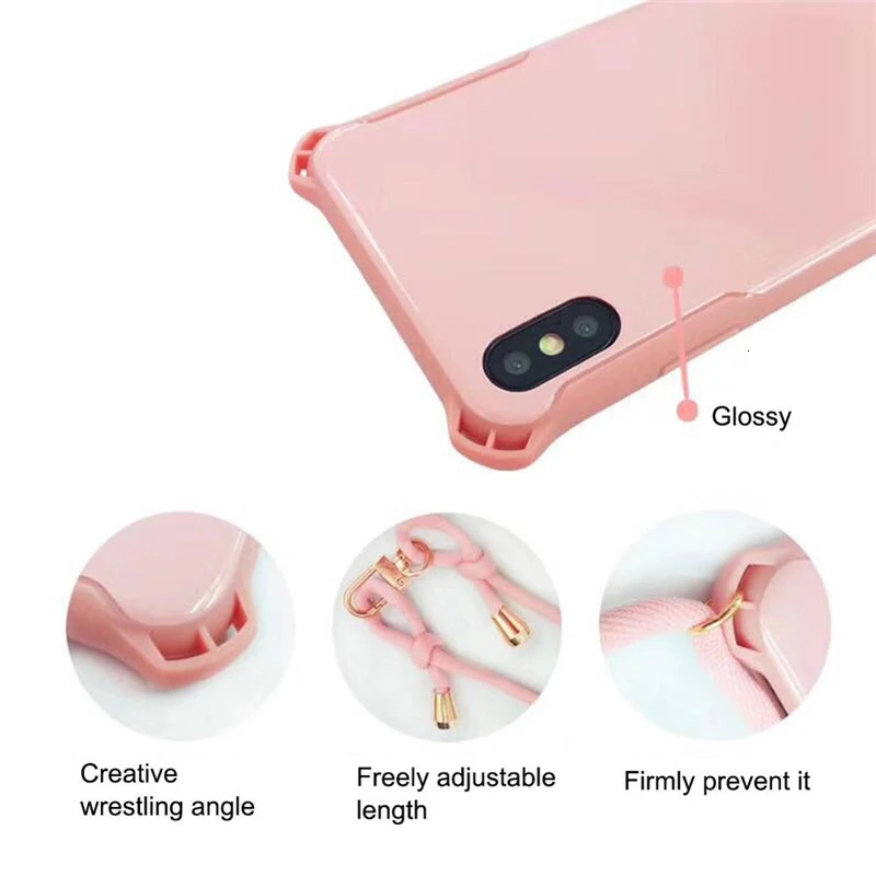 Simple Candy Color Phone Case For iPhone 11 Pro Max XR XS 7 8 Plus Soft Cover Shockproof case With Lanyard Shoulder Strap |