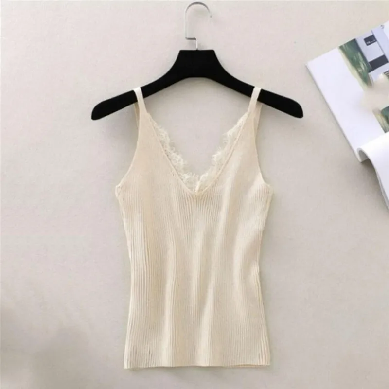 

Women Hook Flower Lace Tank solid Stitching V-neck Camis Female Knitted Short Slim Sleeveless Shirt Tank Casual Tops