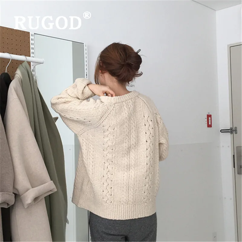 RUGOD новый зимний теплый Однотонный свитер пуловер для женщин хлопок о-образный