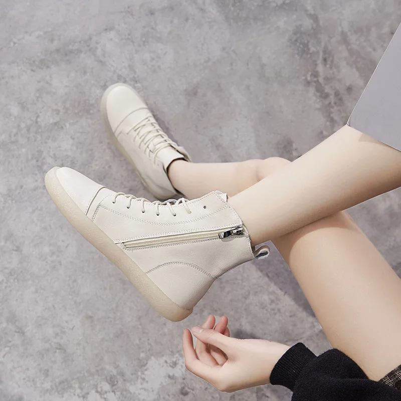 Koovan Women's Boots 2020 New Retro Real Leather Tendon Soft Bottom Hight Top White Shoes Flats Pregnant Women Shoes