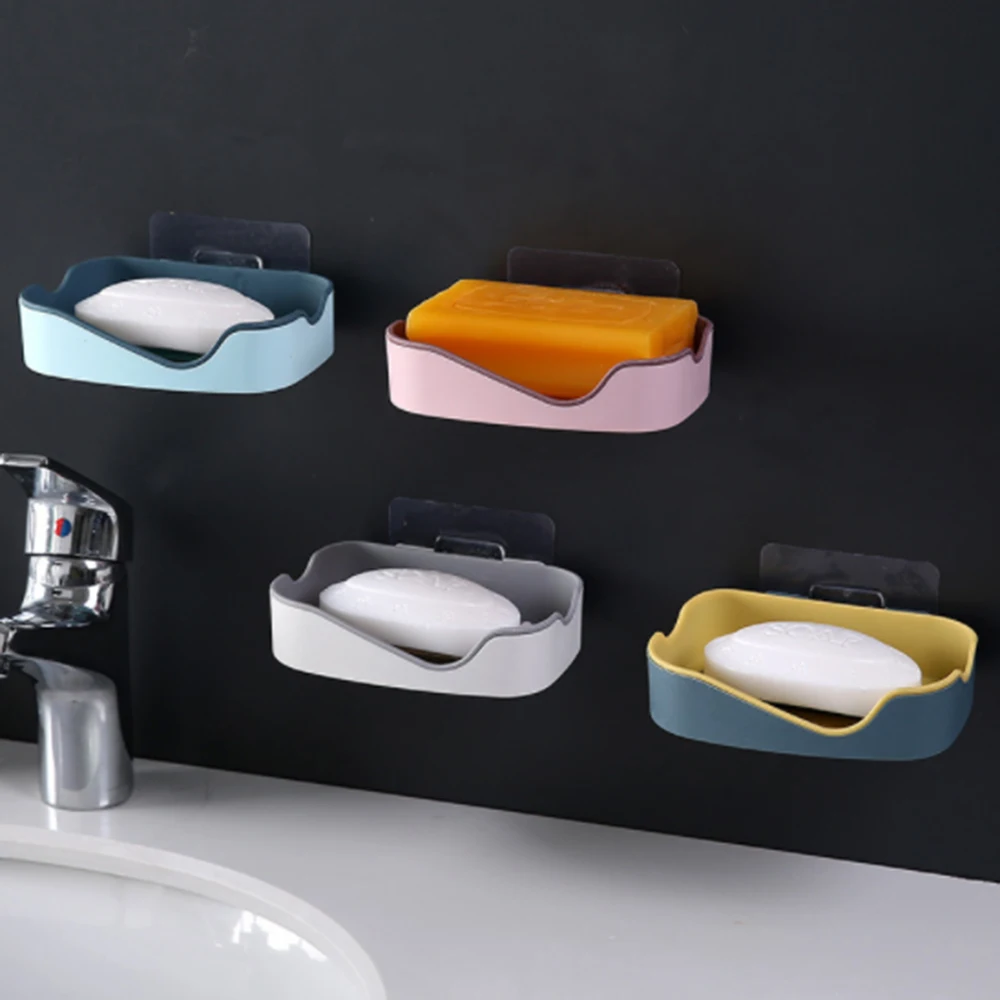 

Soap Rack No Drilling Wall Mounted Double Layer Soap Holder Soap Sponge Dish Bathroom Accessories Soap Dishes Self Adhesive