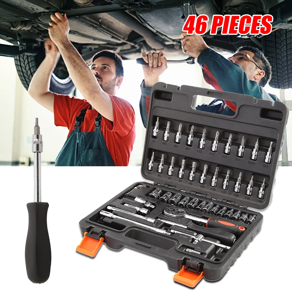 

46pcs/set Carbon Steel Combination Wrench Socket Spanner Car Repair Screwdrivers Kits Car Repair Tool Kits Accessory