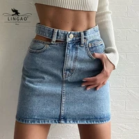 2021 new hollow denim skirt women summer blue solid casual high waist a line denim skirts pockets button all matched jeans skirt