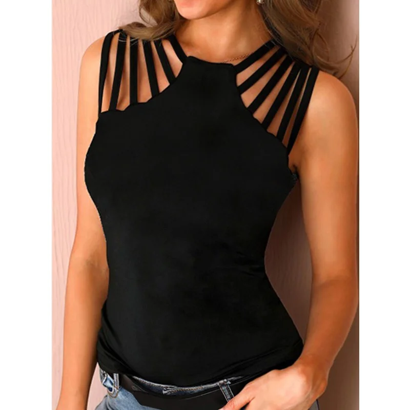

Women Fashion Solid Color Off Shoudler Tank Top Blouse Hollow-out Sexy Outer Wear Ladies Vest Shirts