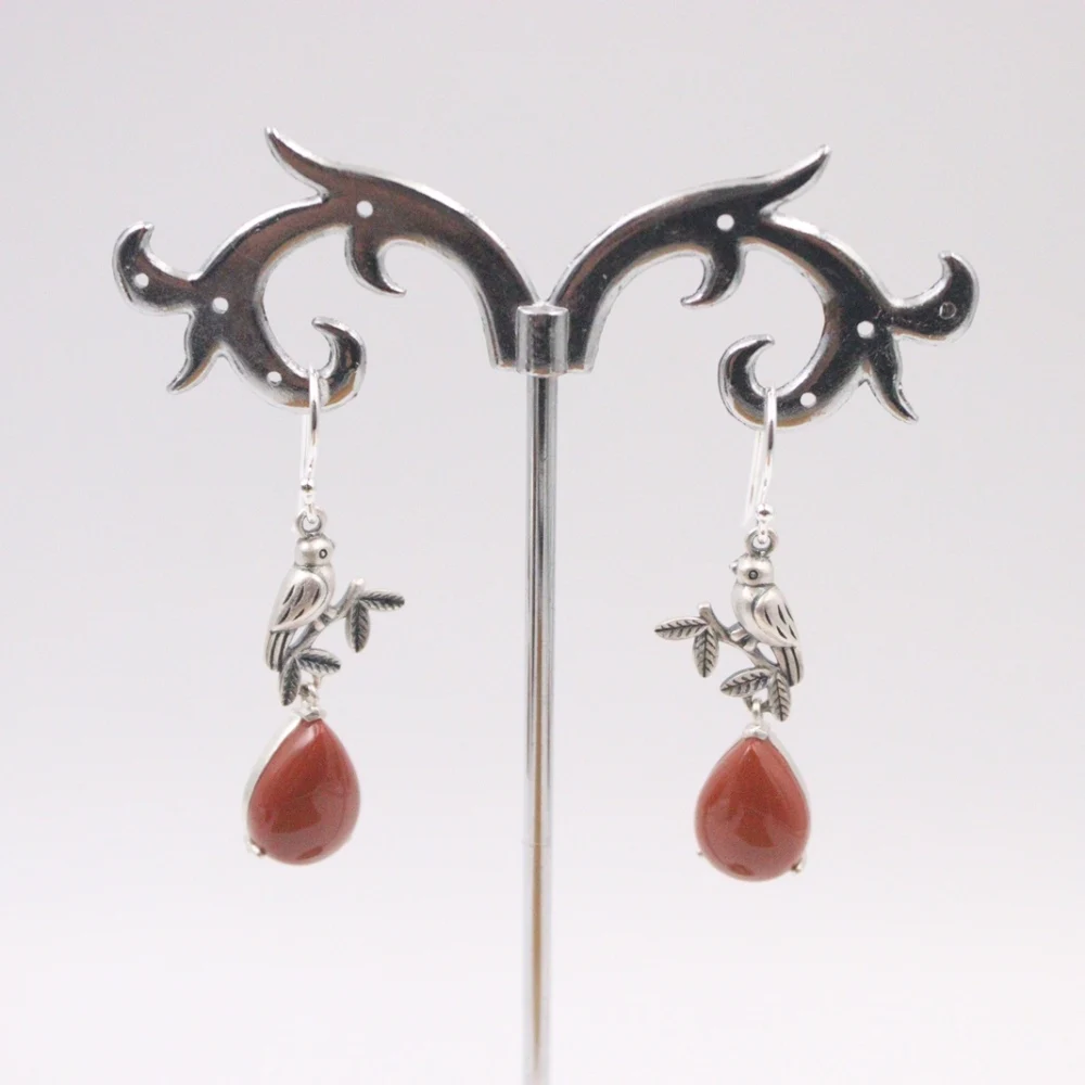 

Pure S925 Sterling Silver Red Agate Earrings Women 40*11mm Water Drop Bird Dangle Earrings