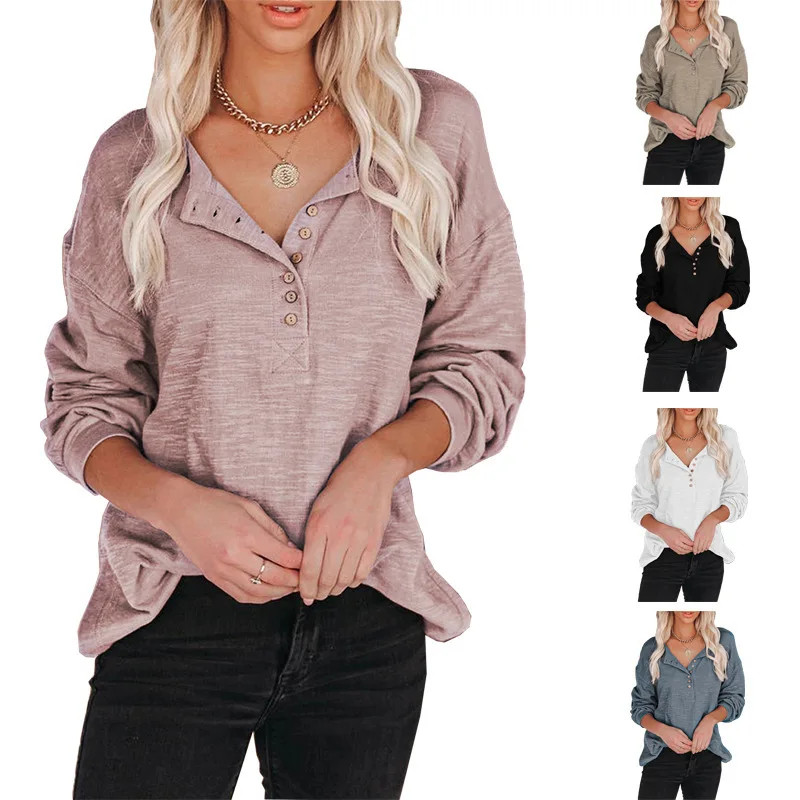 

Plus Size Women Sweatshirts New Fashion Cotton V-Neck Button Lantern Sleeve Casual Plain Dyed Knitted Solid Ladies Blouse