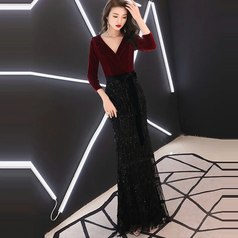 Вечернее платье, сексуальное, с глубоким v-образным вырезом, Robe De Soiree, рукав три четверти, женские вечерние платья, с блестками, элегантные вечерние платья F227