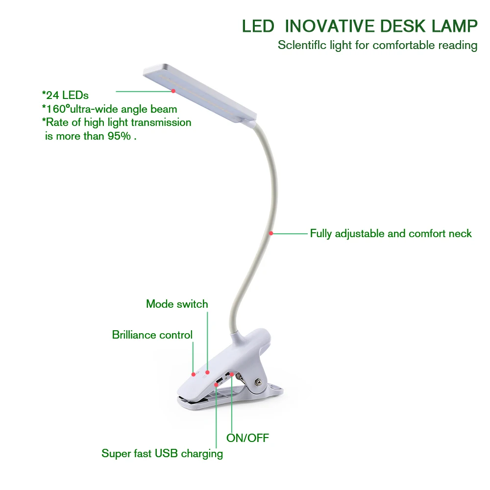 Беспроводная Настольная лампа с зажимом 3 режима работы 1800 мА · ч