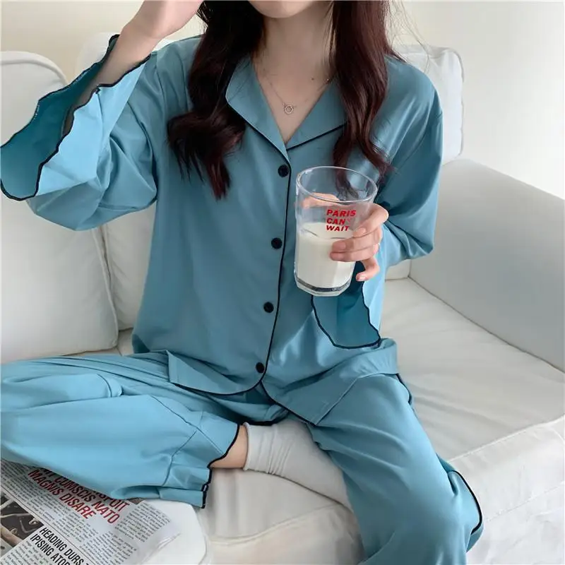 

QWEEK Korean Homewear Women Spring Autumn 2021 Pajamas Flared Sleeves Pyjamas Sets Ruffle Pijamas Sleepwear Nighty for Ladies