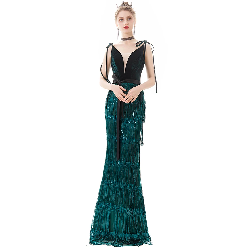 wei yin AE0380 Long Evening Dress Green Sequins Tassel Fashion Spaghetti Strap Party Gowns Formal Zipper Prom Dresses | Свадьбы и