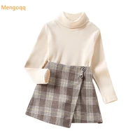 kids baby girls autumn full sleeve solid knitting top shirts plaid skirts toddler children fashion clothes set 2pcs 18m 6y