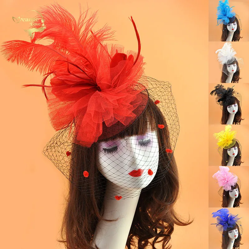 Wedding Party Hats Cover Face Veils Bridal Headwear Women's Cocktail And Fascinator Kentucky Derby Hat Long Feather | Свадьбы и