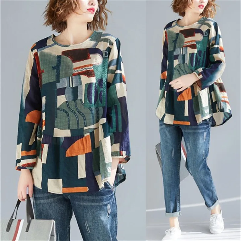 

New fall tops shirt plus size women's irregular geometric print T-shirts long sleeves and a loose cotton and linen top blusa