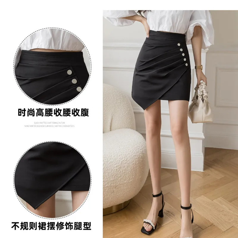 

Women's Pleated Skirt Solid Casual High-Waisted Skirt Button Patchwork Skirts Womens 2021 Short Asymmetrical Korean Fashion
