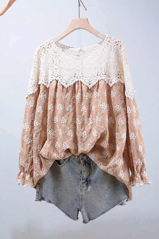 

New autumn cotton linen shirt tops embroidery long sleeve tops