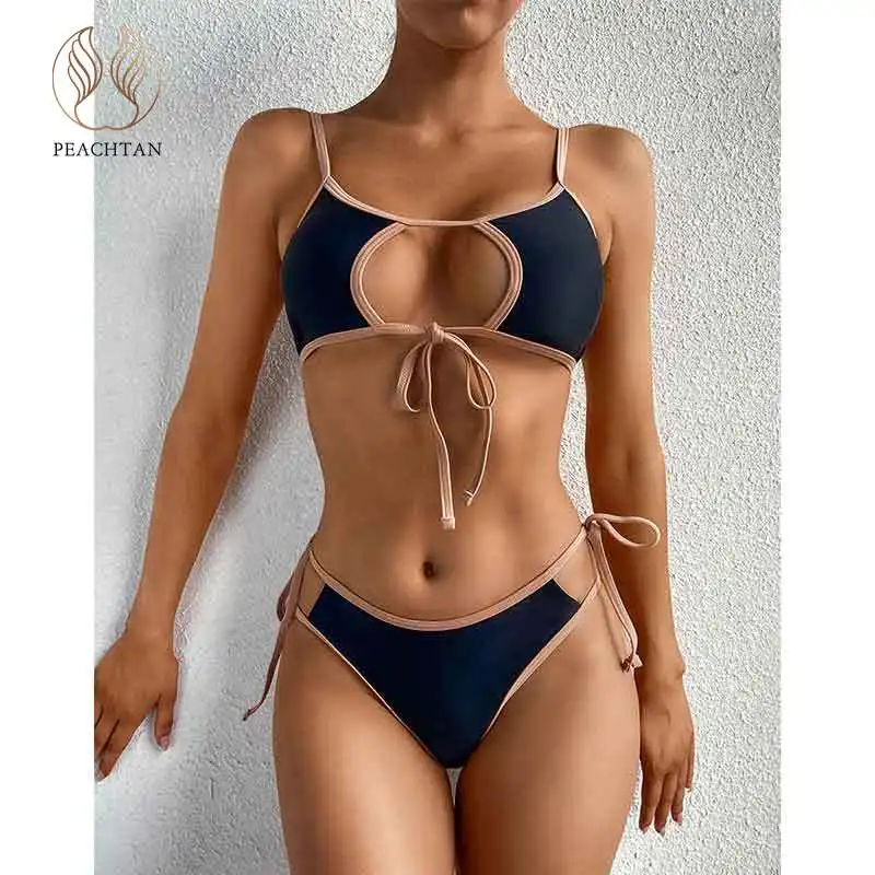 

Peachtan Patchwork swimsuit women Bandeau bikini set Micro swimwear female String 2 piece set Sexy bathing suit beach wear new