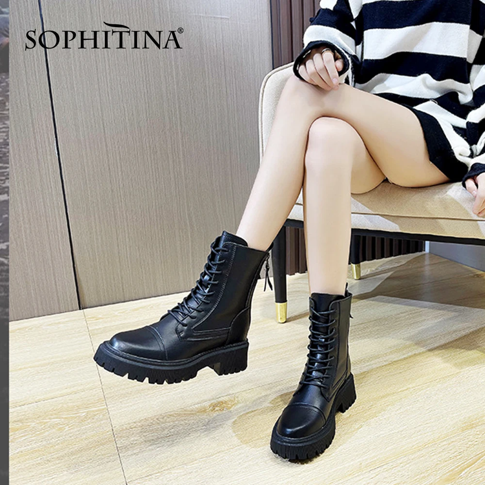 

Женские ботинки из натуральной кожи SOPHITINA, увеличенная толстая подошва, на шнуровке, молния сзади, полусапожки в британском стиле, HO782