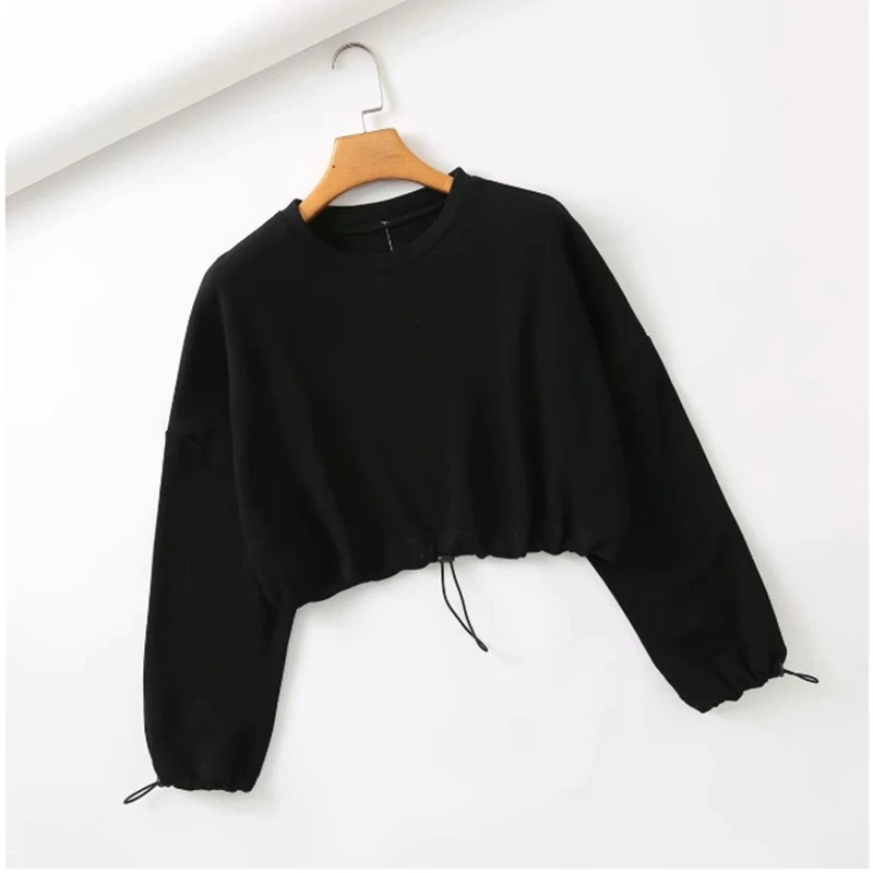 

2020 Fashion Drawstring Sweatshirt Top Women Long Sleeve Solid Loose Pullover Street Hip Hop Dance Sports Casual Crop Tops New